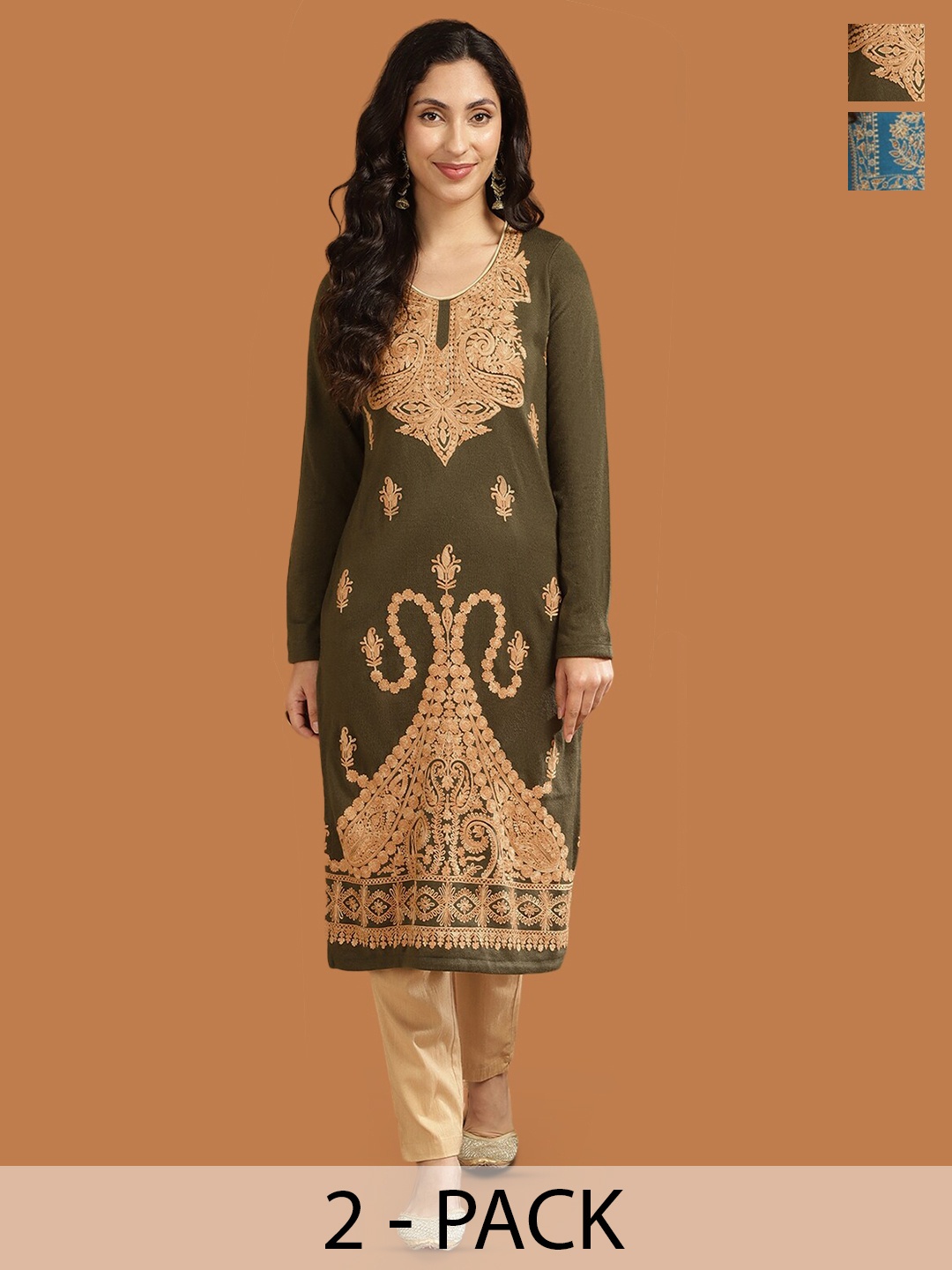 

Rangita Selection of 2 Ethnic Motifs Printed Round Neck Kurtas, Olive
