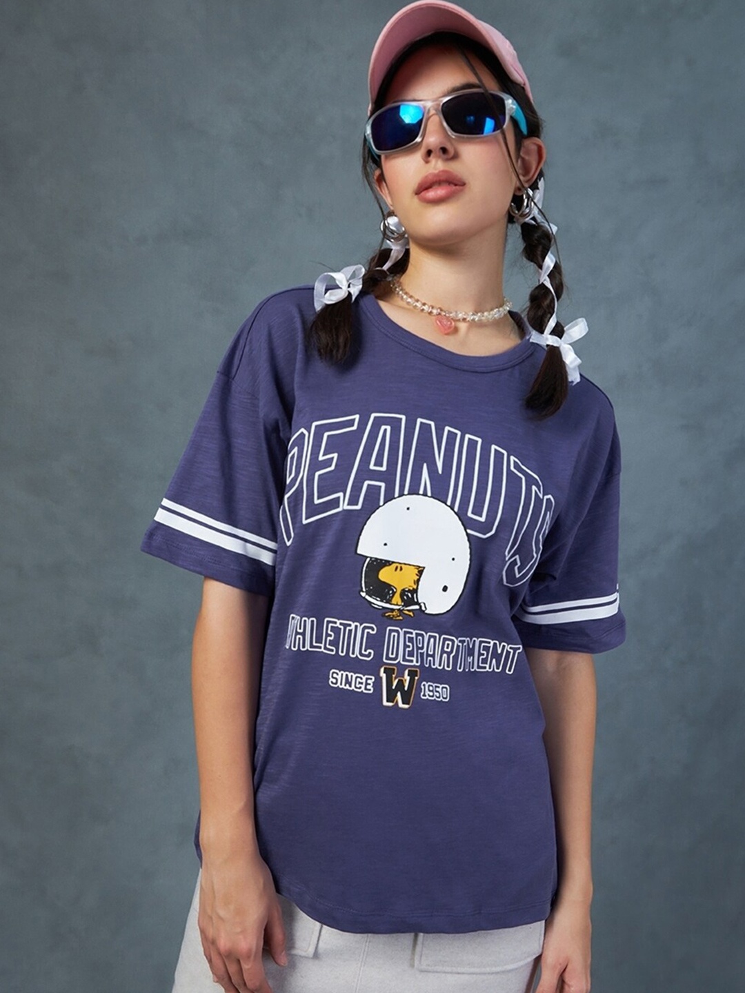 

Bewakoof AIR Typography Printed Drop-Shoulder Sleeves Applique Oversized Cotton T-shirt, Blue