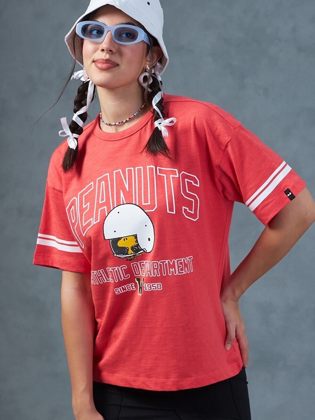 

Bewakoof AIR Typography Printed Oversized Cotton T-shirt, Pink