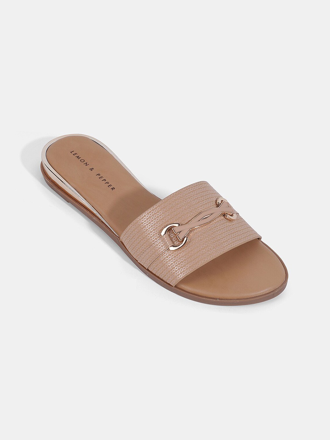 

LEMON & PEPPER Buckle Detail Open Toe Flats, Tan