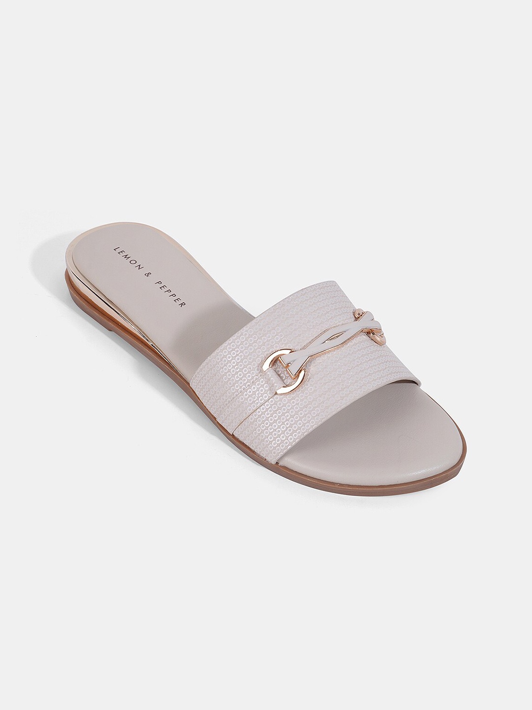 

LEMON & PEPPER Buckle Detail Open Toe Flats, Cream