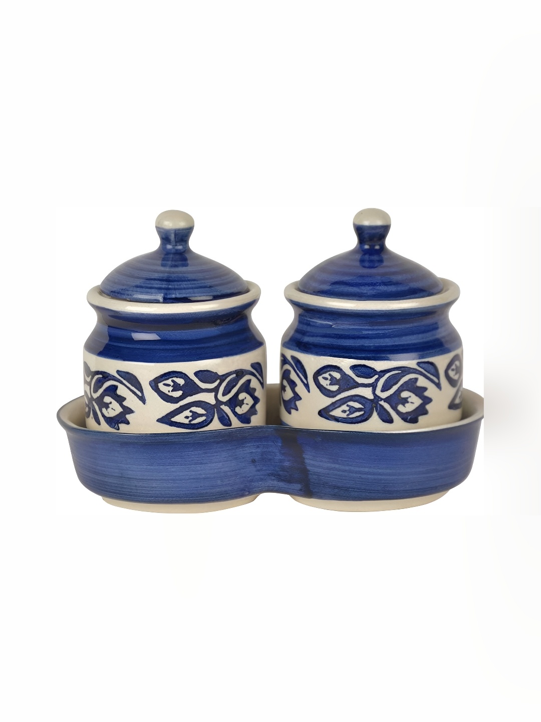 

Your Local Store Blue & Off White 2 Pieces Printed Ceramic Canisters With Tray