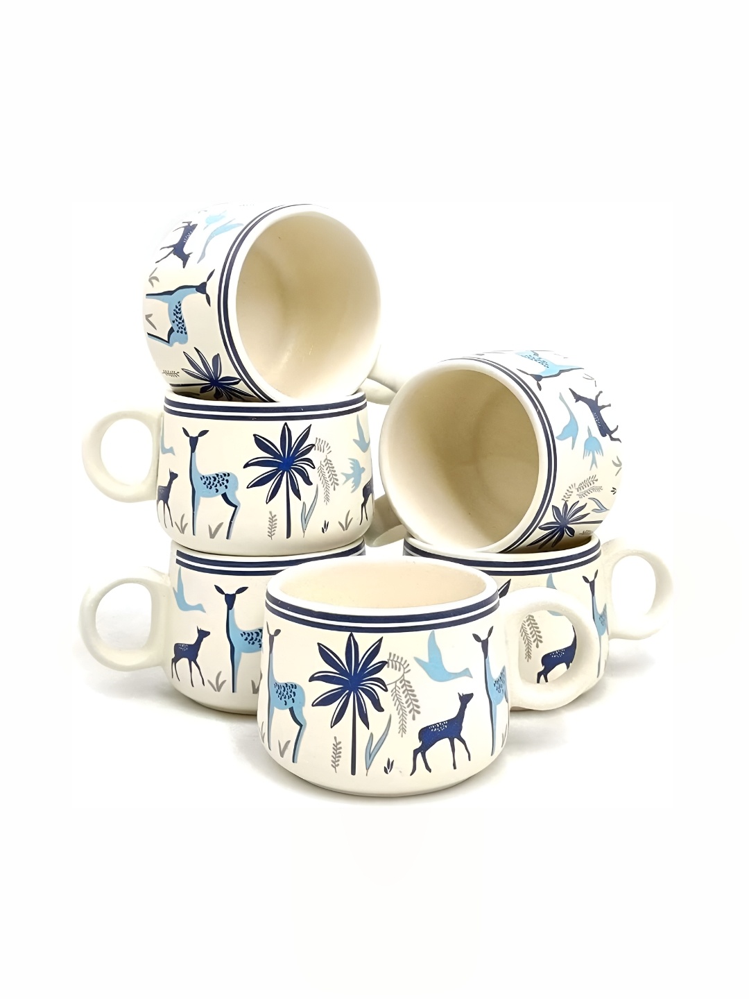 

Your Local Store White & Blue 6 Pieces Printed Ceramic Glossy Cups 120 ml