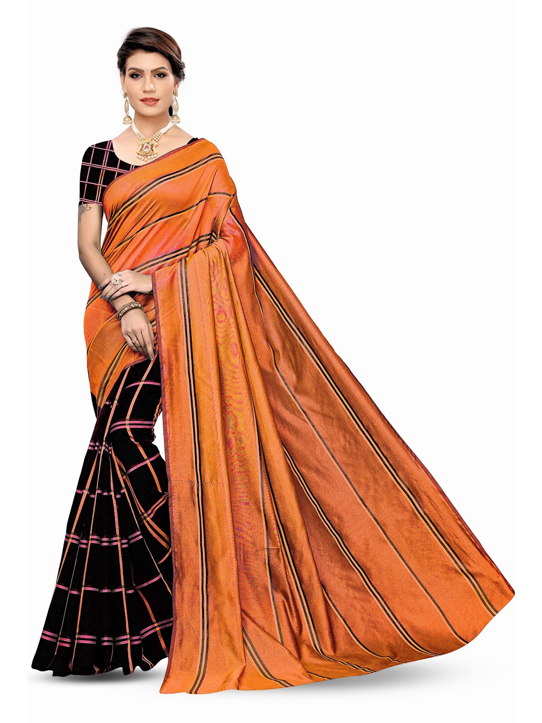 

MANVAA Striped Half and Half Banarasi Saree, Black