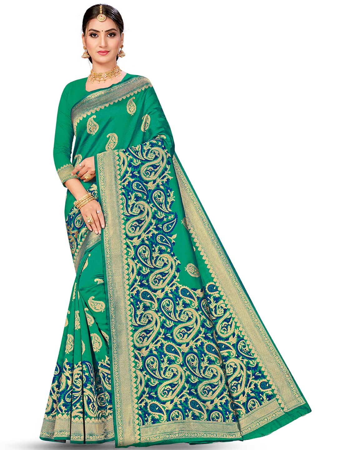 

MANVAA Woven Design Ethnic Motifs Zari Banarasi Saree, Green