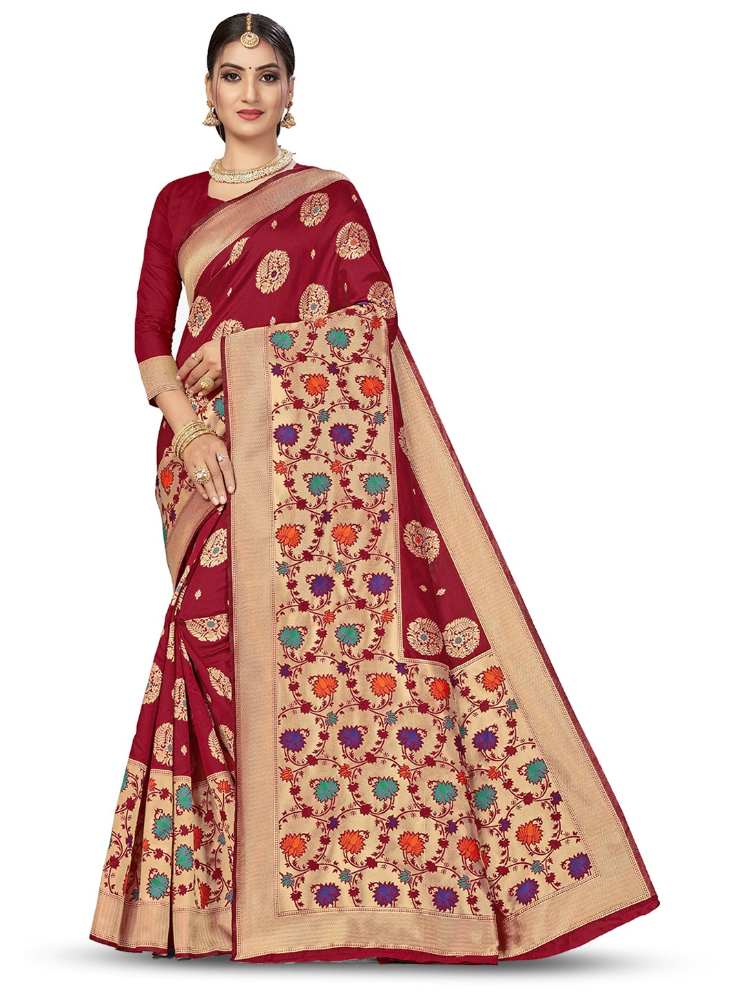 

MANVAA Ethnic Motifs Woven Design Zari Banarasi Saree, Maroon