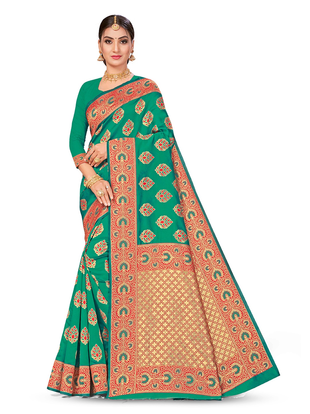 

MANVAA Ethnic Motifs Woven Design Zari Banarasi Saree, Green