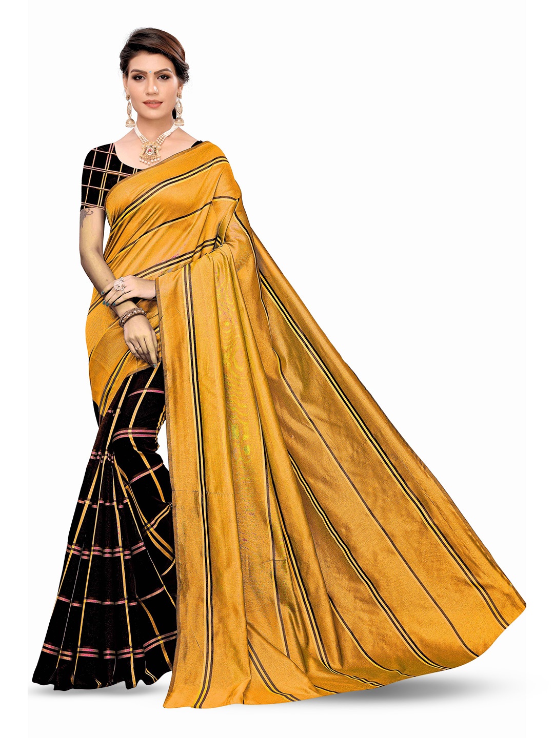 

MANVAA Striped Woven Design Half & Half Saree, Black