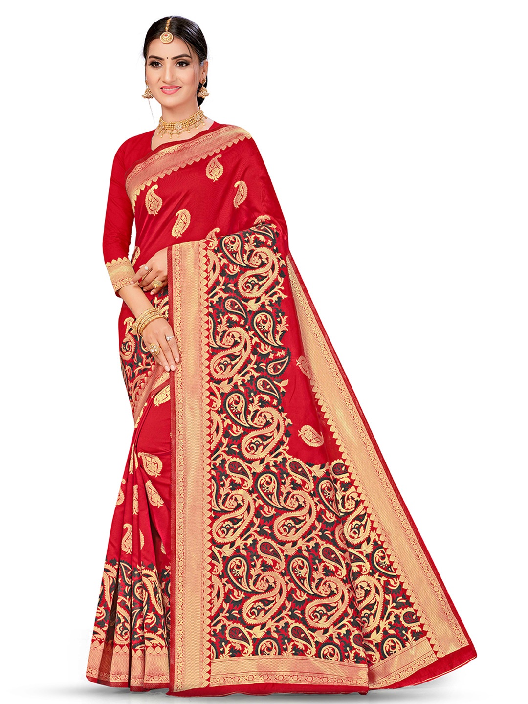 

MANVAA Ethnic Motifs Woven Design Zari Banarasi Saree, Red