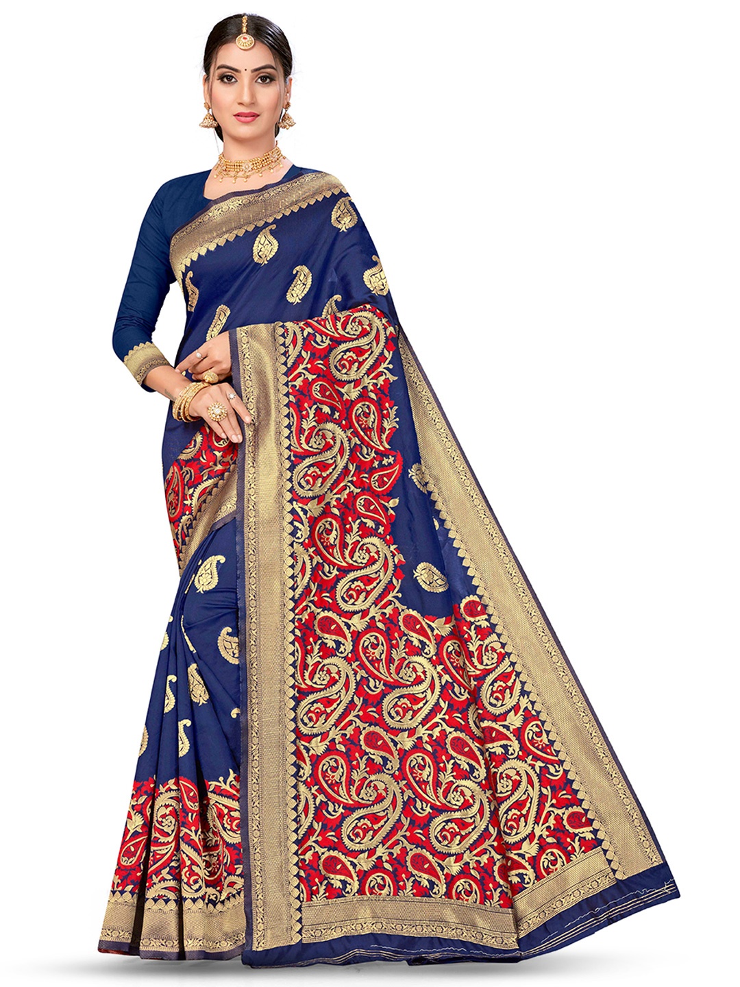 

MANVAA Woven Design Ethnic Motifs Zari Banarasi Saree, Blue