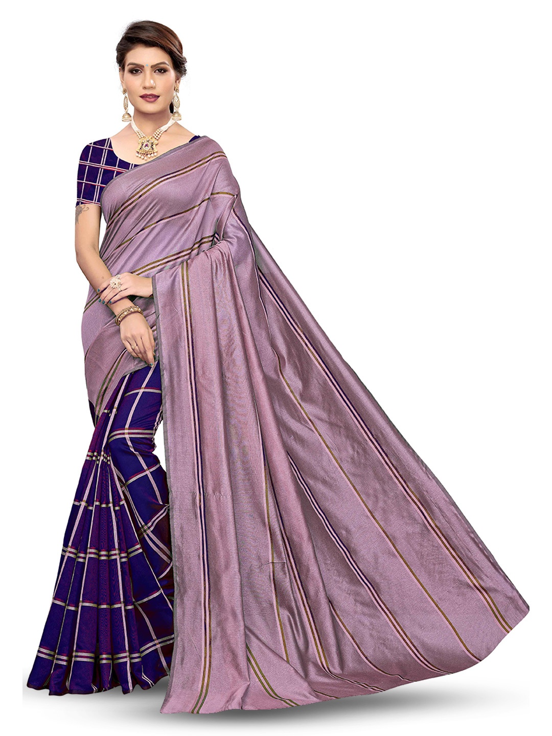 

MANVAA Checked Woven Design Silk Cotton Banarasi Saree, Blue