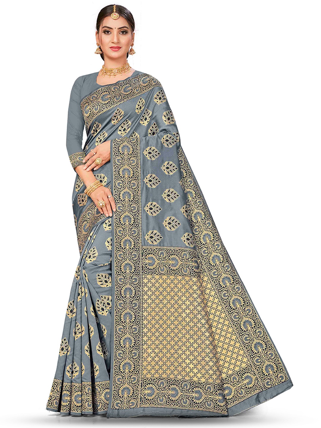 

MANVAA Ethnic Print Zari Banarasi Saree, Grey