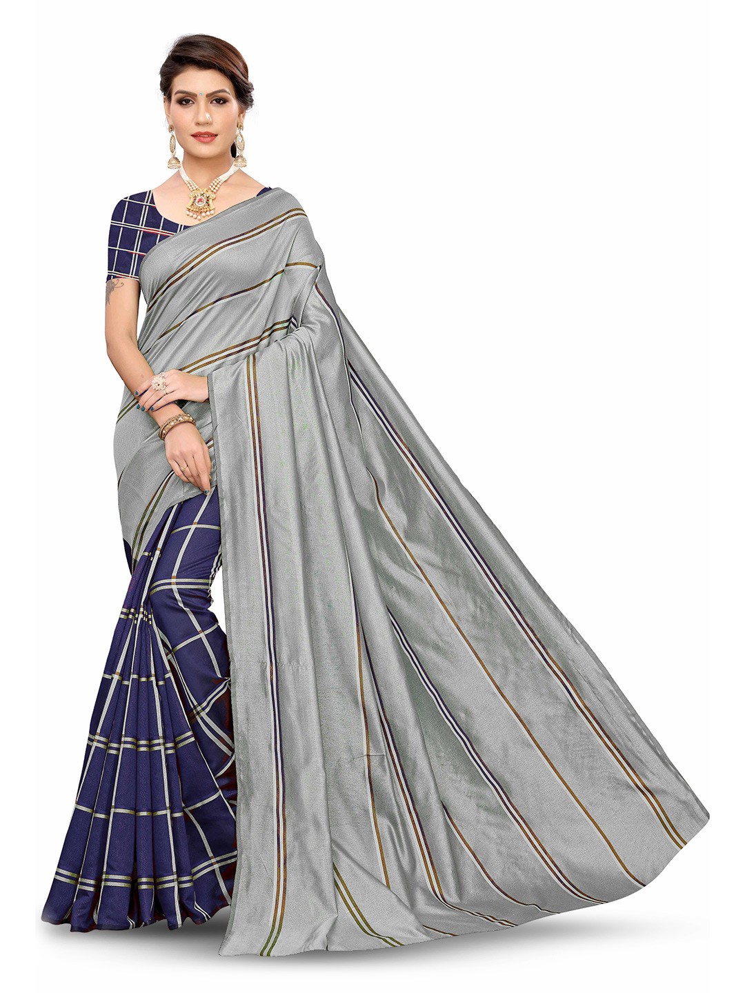 

MANVAA Striped Woven Design Half and Half Saree, Blue