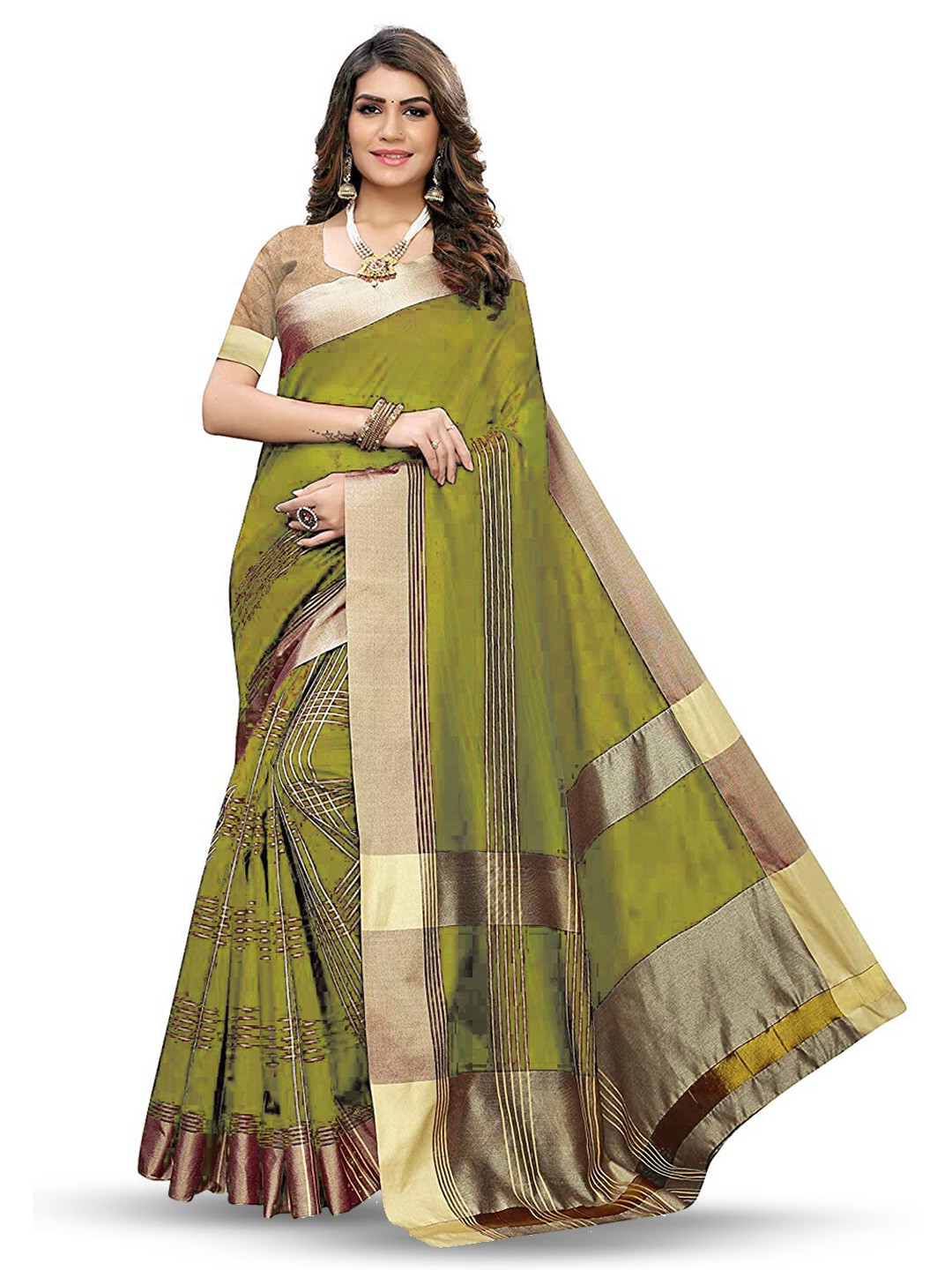 

MANVAA Striped Banarasi Saree, Green