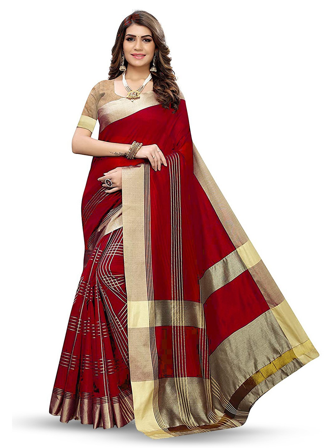 

MANVAA Striped Zari Banarasi Saree, Red