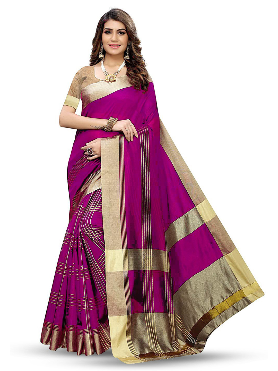 

MANVAA Pink & Gold-Toned Striped Banarasi Saree