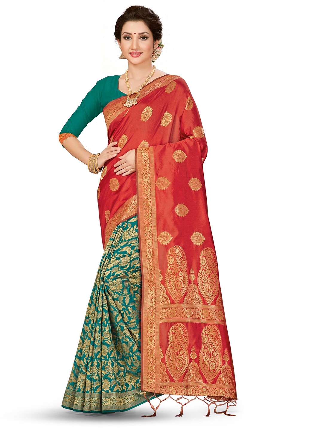 

MANVAA Woven Design Zari Silk Blend Banarasi Saree, Red