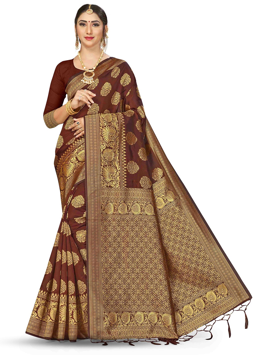 

MANVAA Ethnic Motifs Woven Design Zari Banarasi Saree, Brown