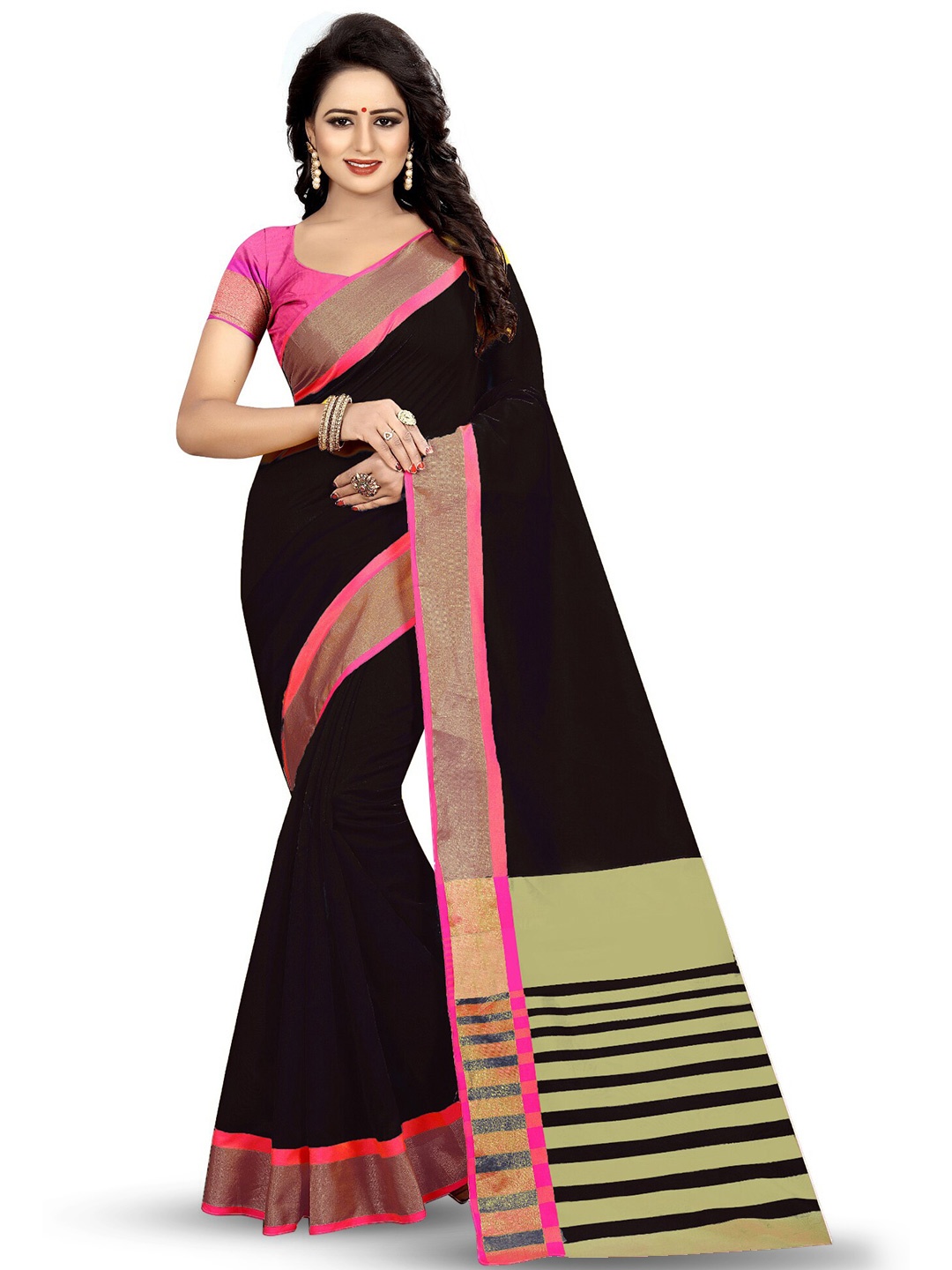 

MANVAA Zari Banarasi Cotton Silk Woven Saree, Black