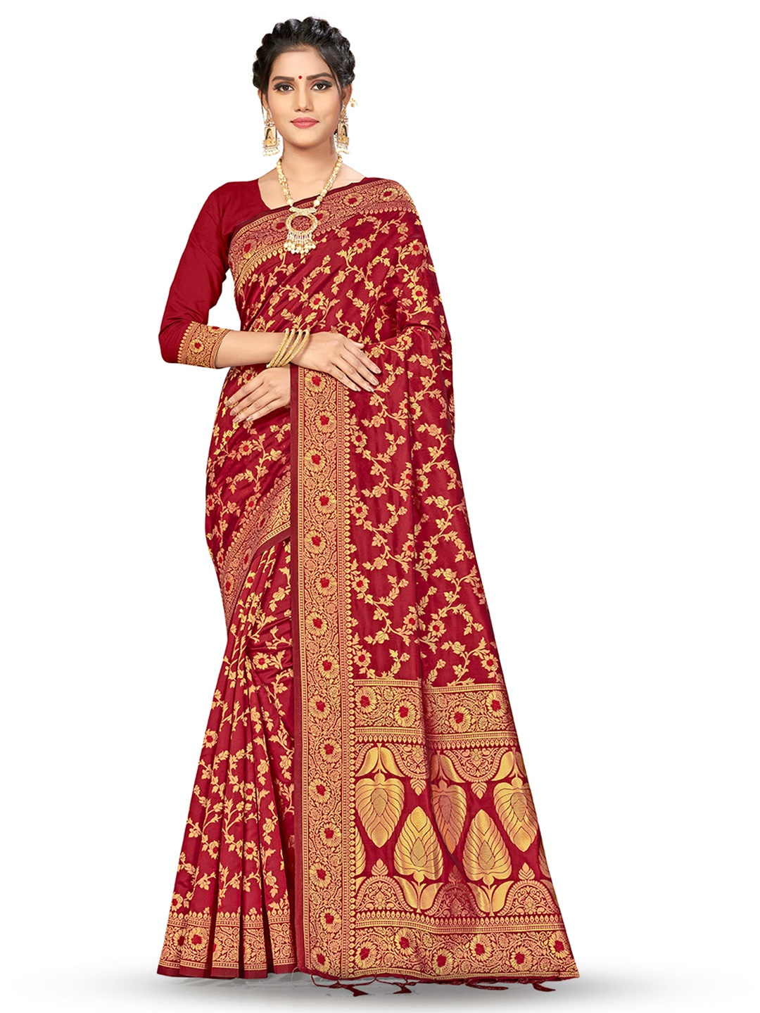 

MANVAA Floral Woven Design Zari Banarasi Saree, Maroon