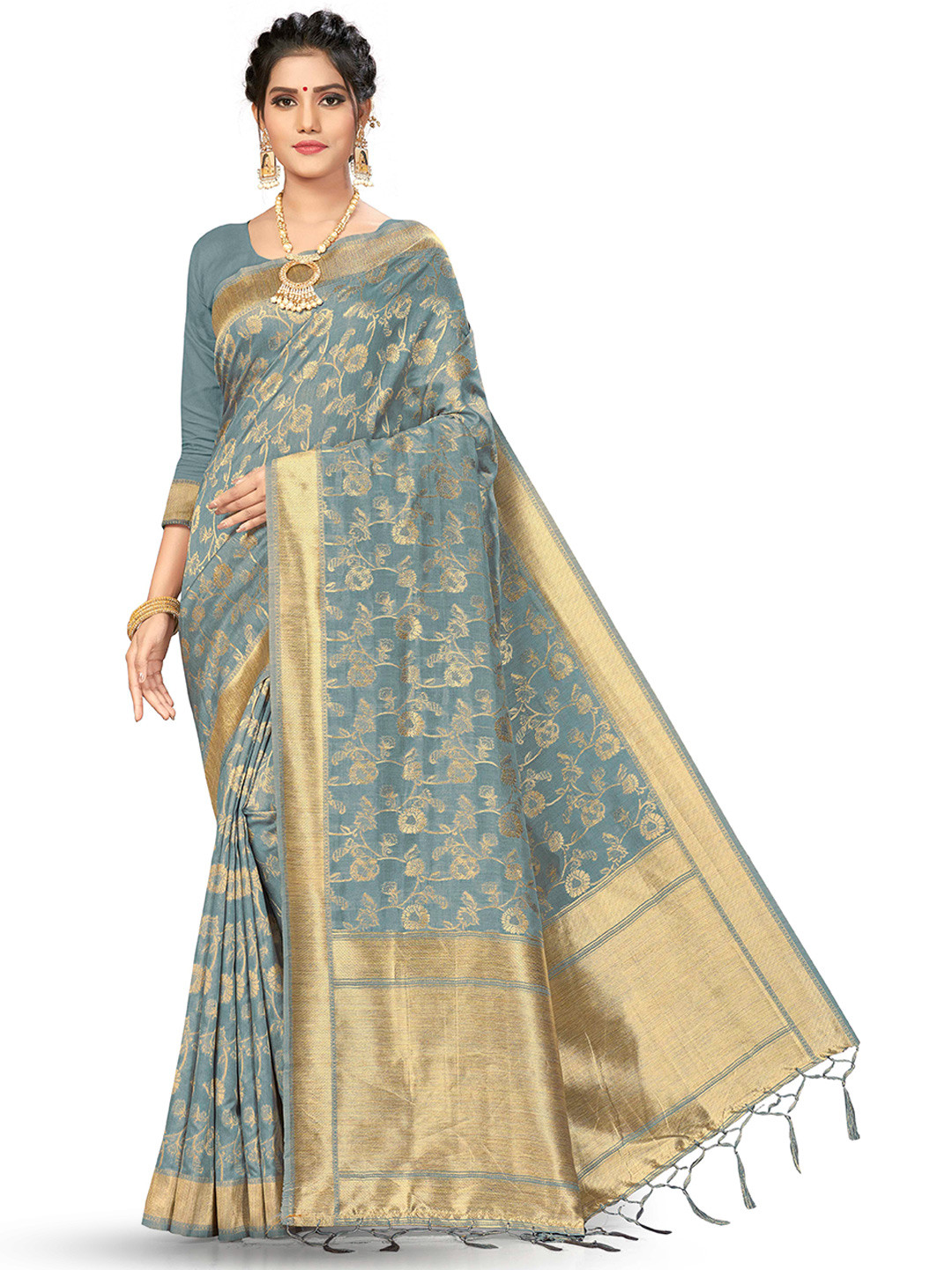 

MANVAA Woven Design Zari Banarasi Saree With Tassels, Grey