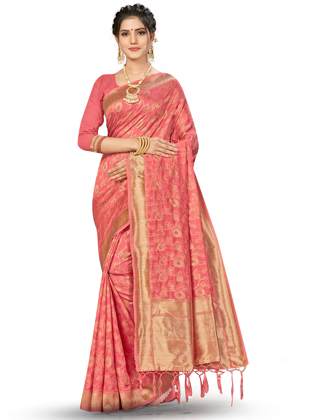

MANVAA Woven Design Zari Banarasi Saree With Tassels, Pink