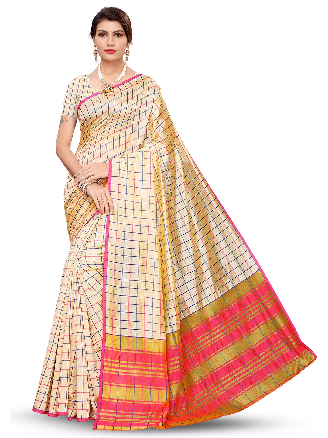 

MANVAA Checked Zari Cotton & Silk Banarasi Saree, Beige