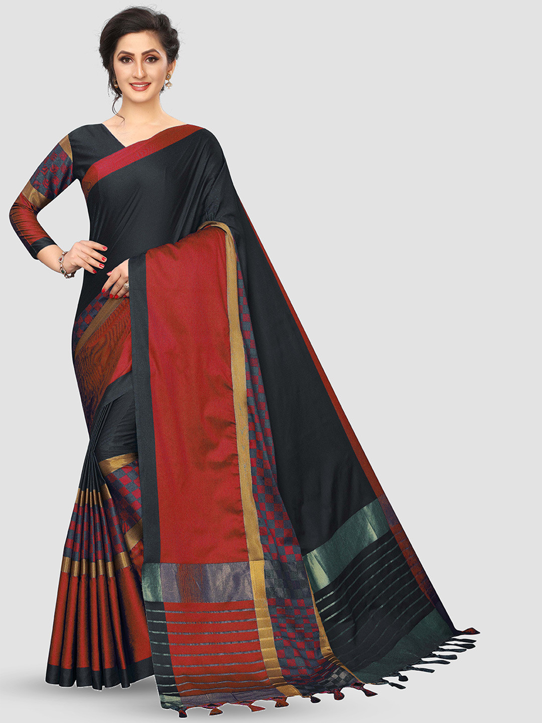

MANVAA Solid Cotton Zari Saree, Black