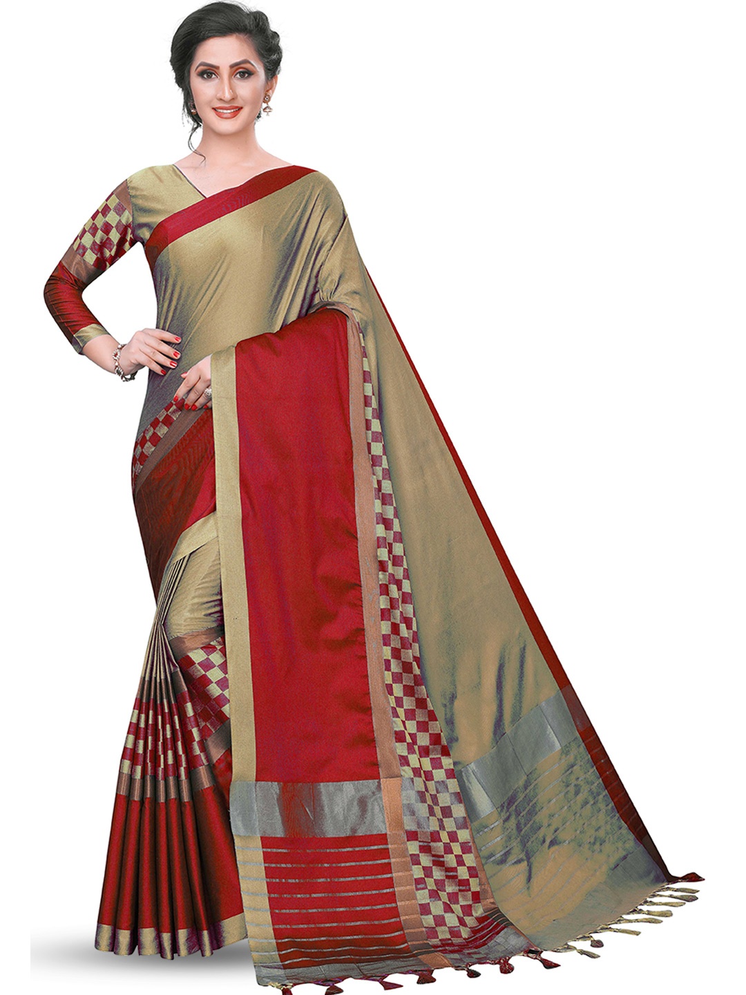 

MANVAA Zari Cotton & Silk Banarasi Saree, Beige