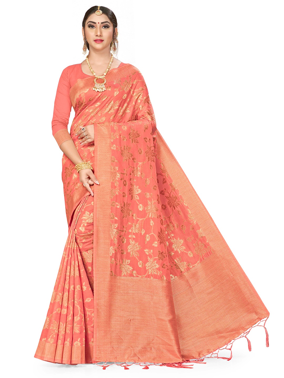 

MANVAA Woven Design Zari Silk Blend Banarasi Saree, Pink