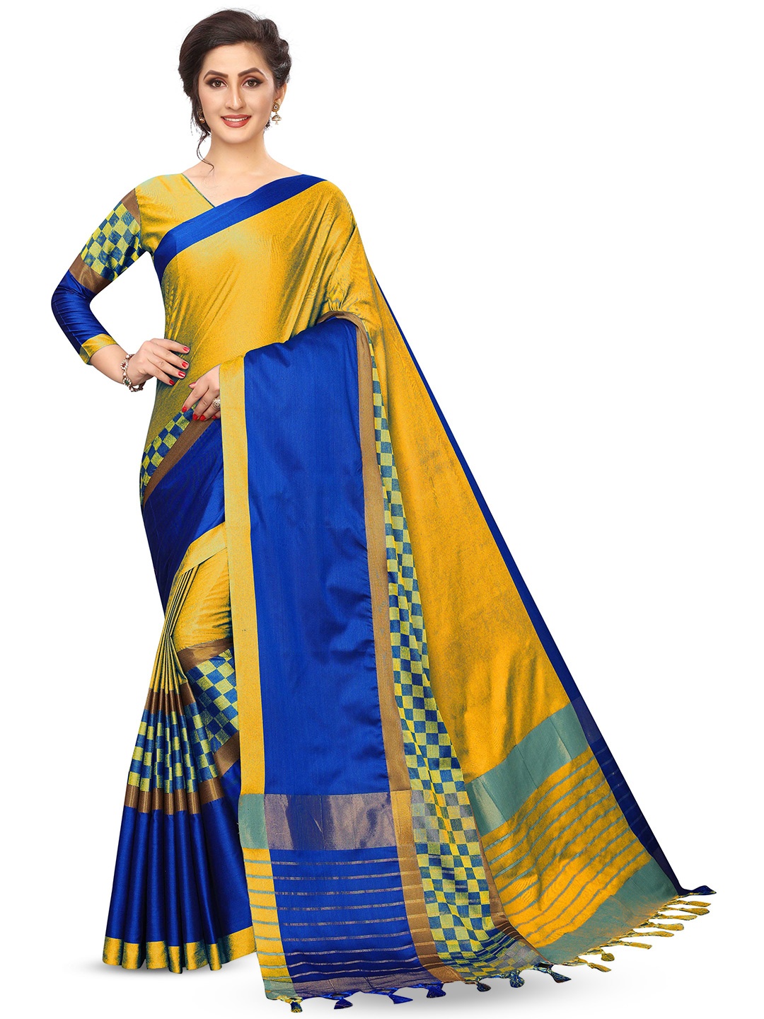 

MANVAA Checked Woven Design Zari Silk Cotton Banarasi Saree, Yellow