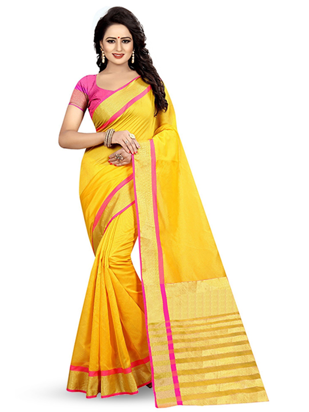 

MANVAA Zari Banarasi Cotton Silk Woven Saree, Yellow