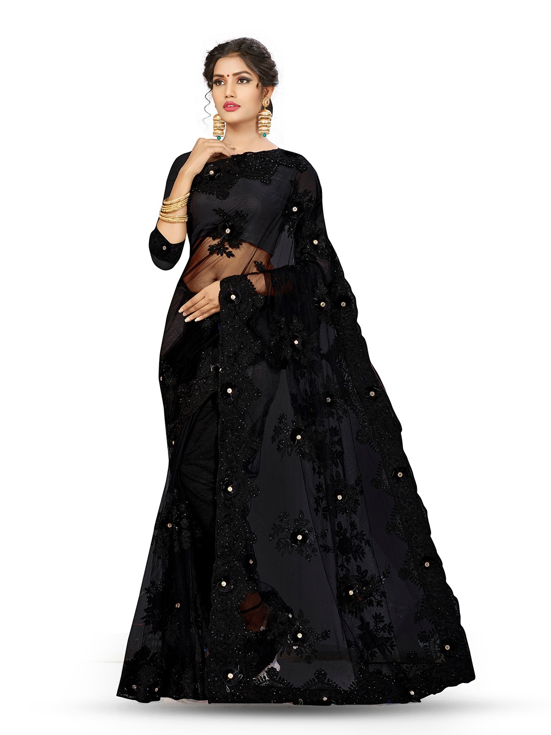 

MANVAA Floral Embroidered Net Saree, Black