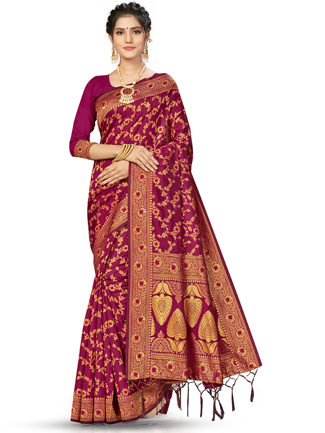 

MANVAA Ethnic Motifs Zari Silk Banarasi Saree, Purple