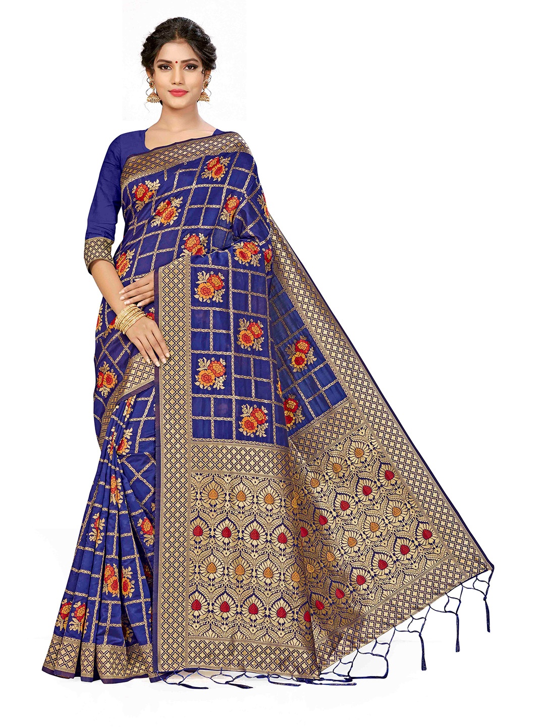 

MANVAA Floral Woven Design Zari Banarasi Saree, Navy blue
