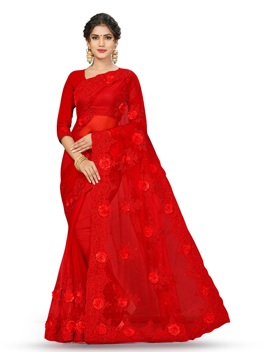 

MANVAA Floral Embroidered Net Saree, Red
