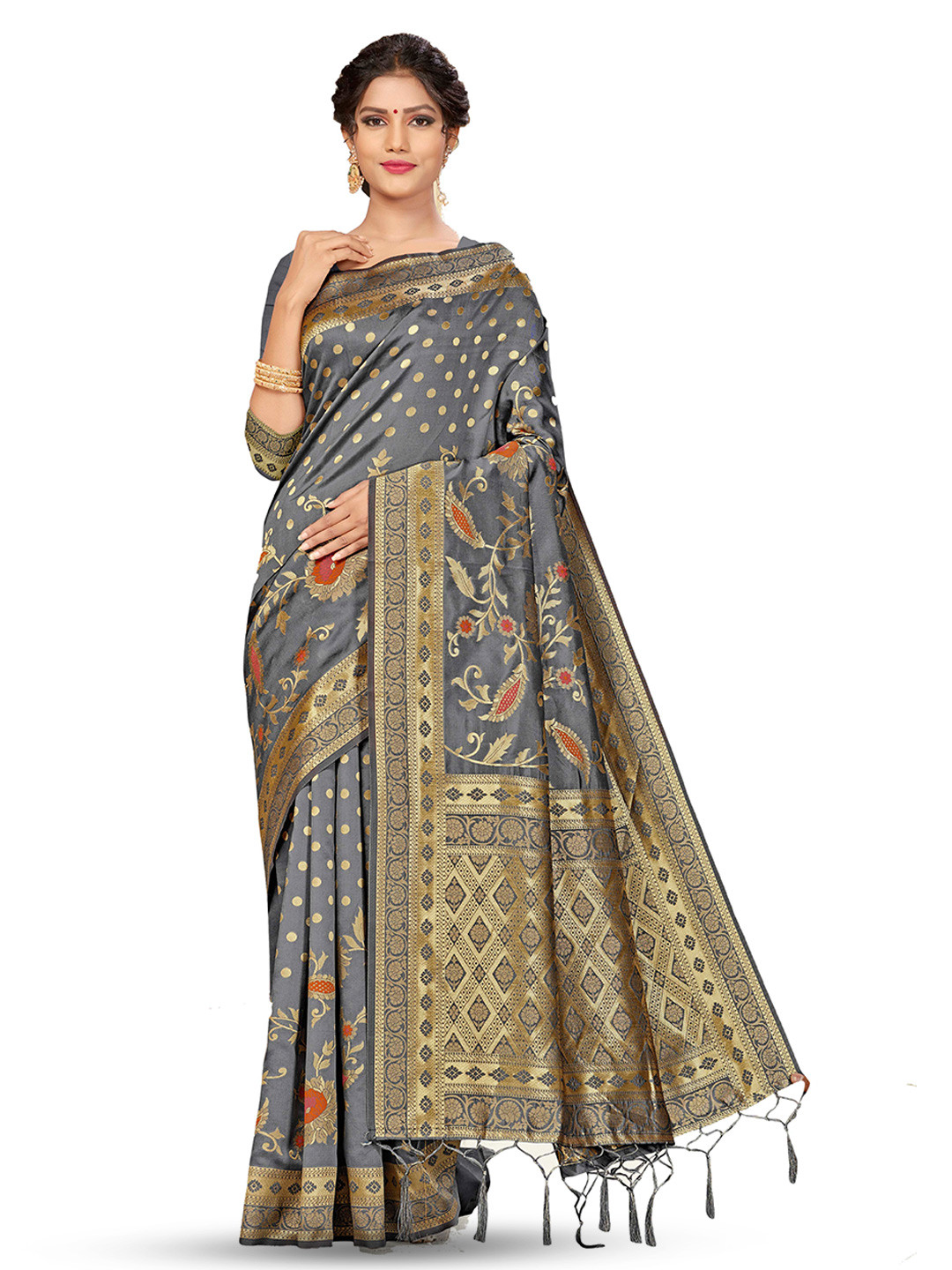 

MANVAA Woven Design Zari Silk Banarasi Saree, Grey
