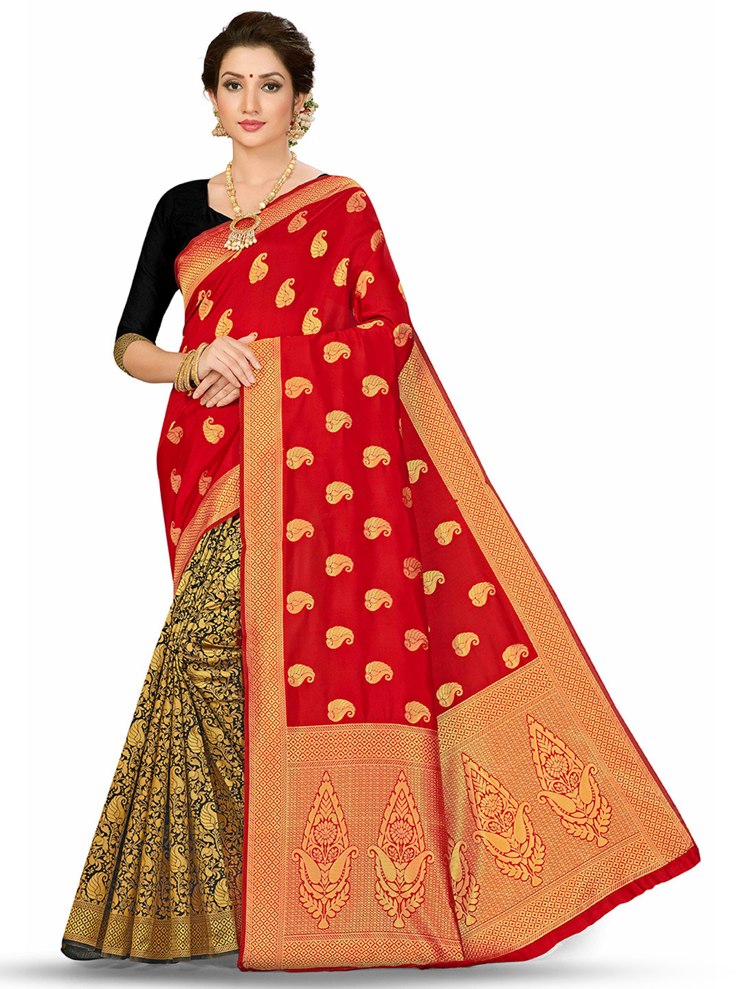 

MANVAA Ethnic Motifs Woven Design Zari Banarasi Saree, Red