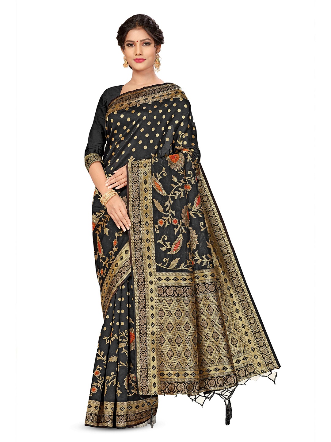 

MANVAA Floral Woven Design Zari Banarasi Saree, Black