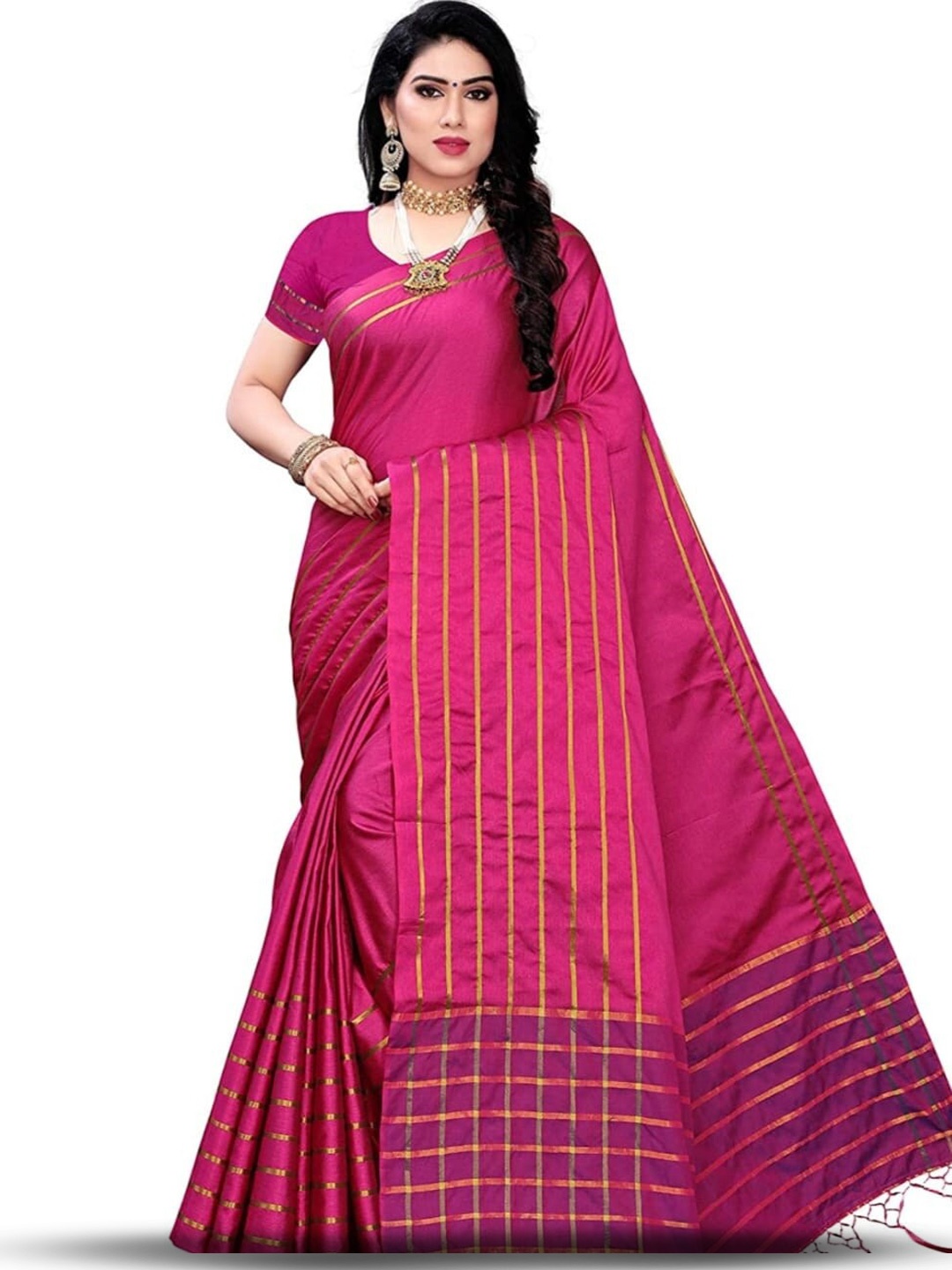 

MANVAA Striped Cotton Silk Banarasi Saree, Pink