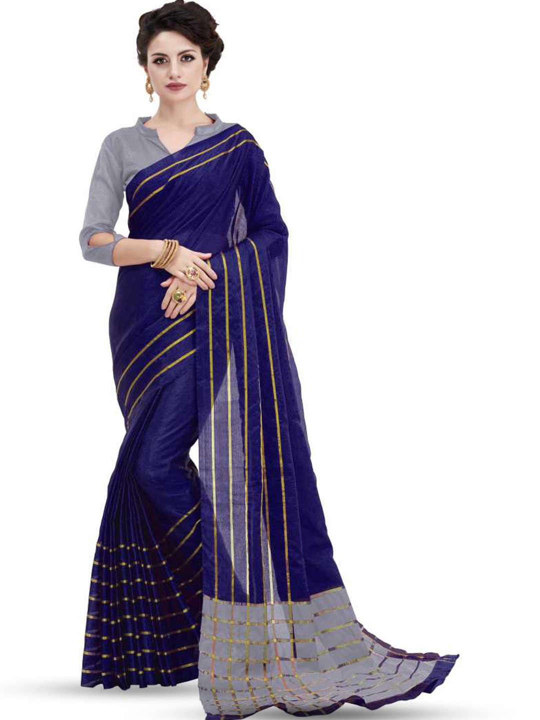 

MANVAA Striped Zari Banarasi Saree, Blue