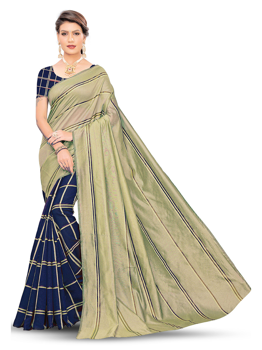 

MANVAA Striped Woven Design Half and Half Saree, Navy blue