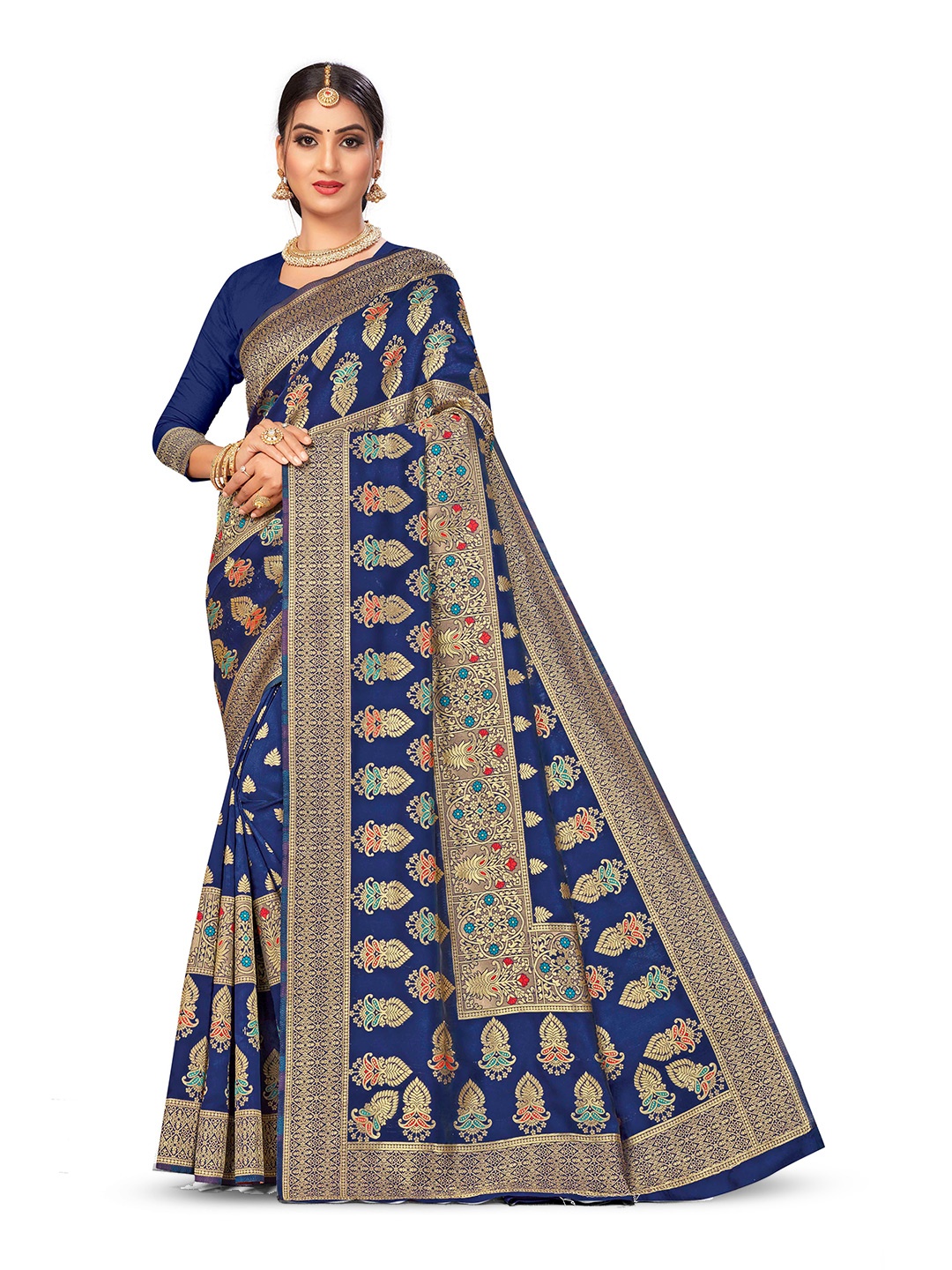 

MANVAA Ethnic Motifs Zari Silk Blend Banarasi Saree, Blue