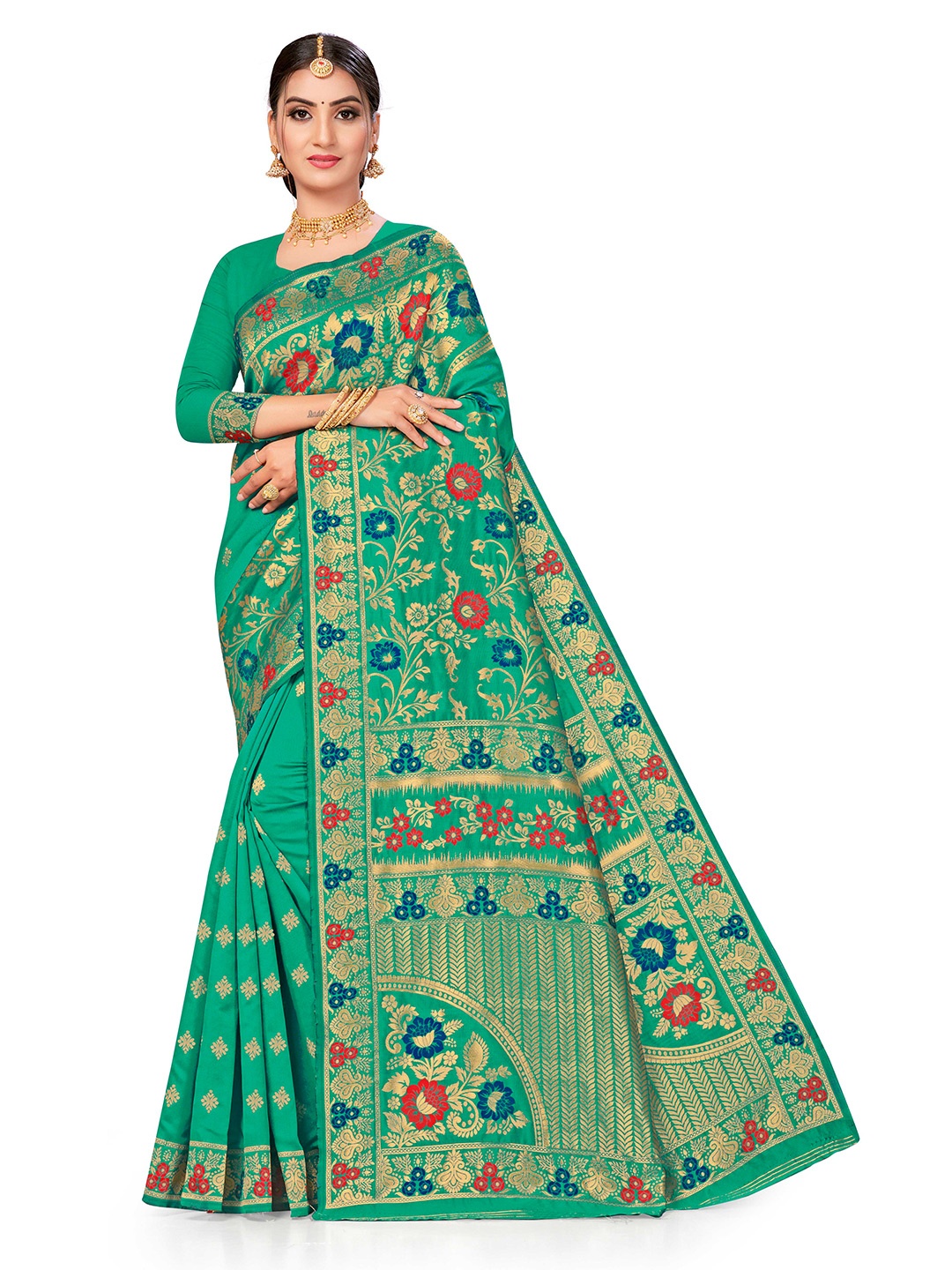 

MANVAA Woven Design Zari Silk Blend Banarasi Saree, Green