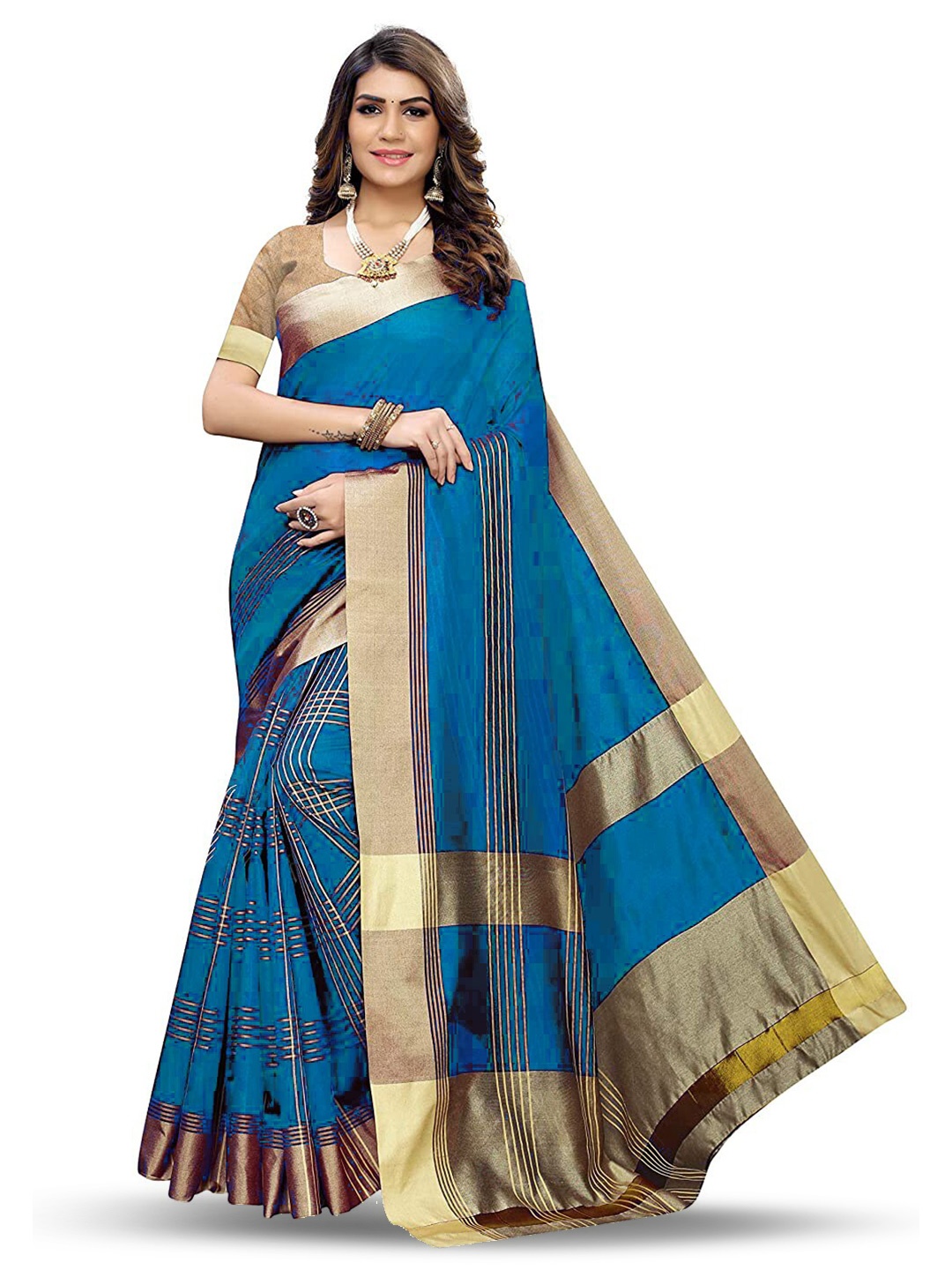 

MANVAA Striped Zari Banarasi Cotton Silk Woven Saree, Blue