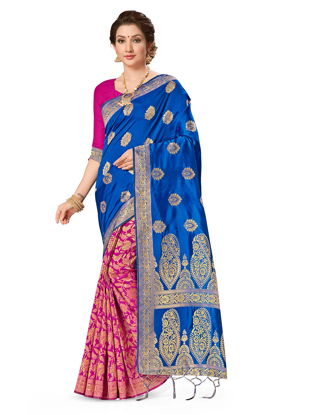 

MANVAA Woven Design Zari Half and Half Banarasi Saree with Tassels, Blue