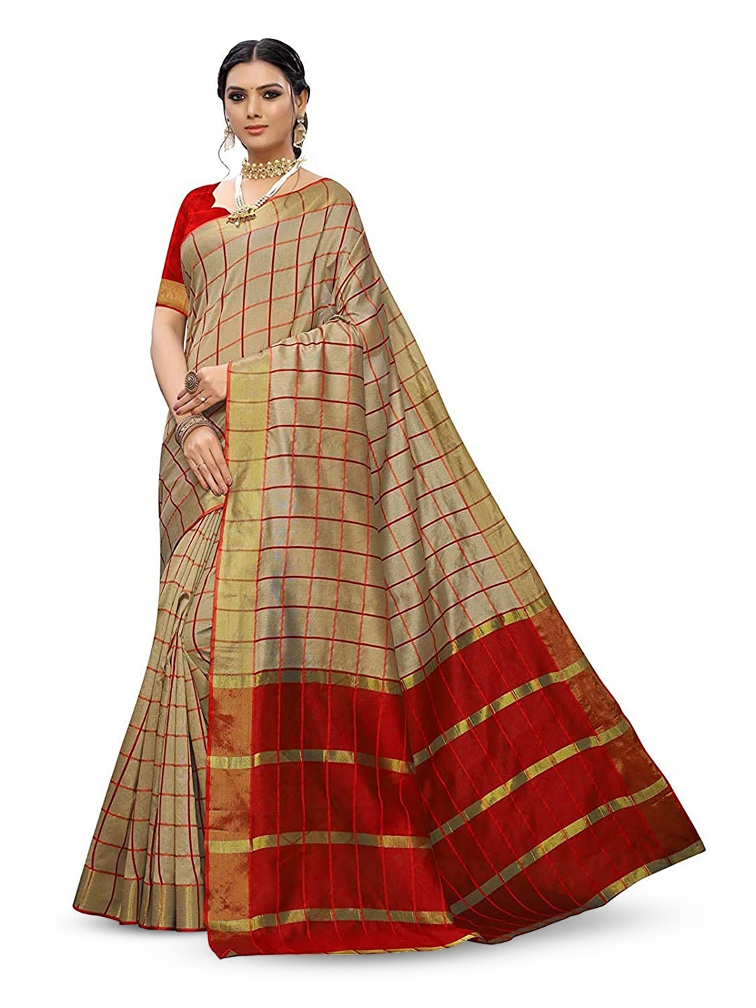 

MANVAA Checked Woven Design Zari Silk Cotton Banarasi Saree, Beige