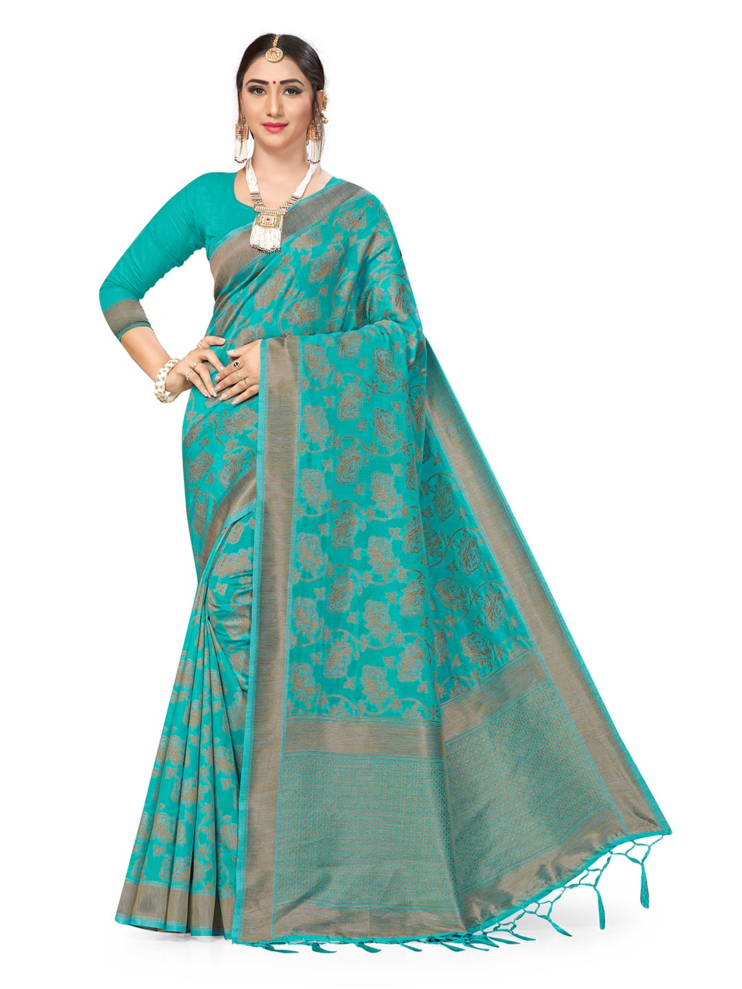 

MANVAA Floral Zari Banarasi Saree, Blue