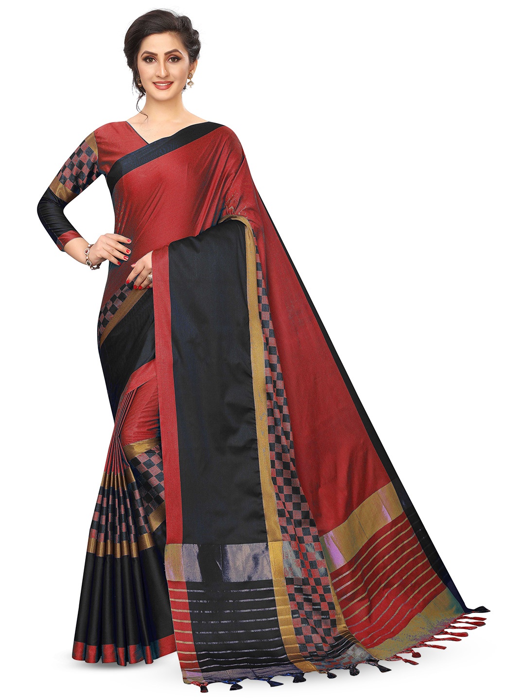 

MANVAA Woven Design Checked Zari Banarasi Saree With Tassels, Maroon