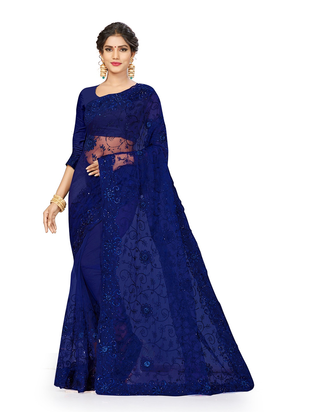 

MANVAA Embellished Embroidered Net Saree, Navy blue